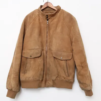 Vintage 80s Leather Jacket Lined Fur Fleece Men’s Size Large Heavy Suede Tan VTG • $56.99