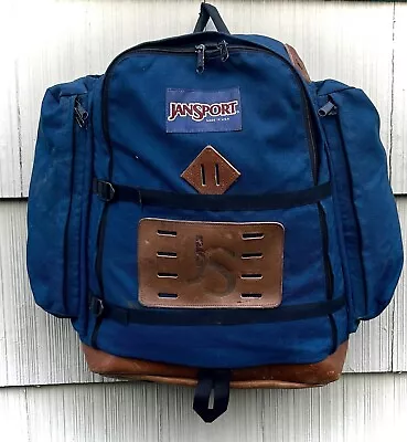 Vintage ‘90s Dark Blue JanSport Leather Bottom Backpack/Day Pack Made In USA • $175