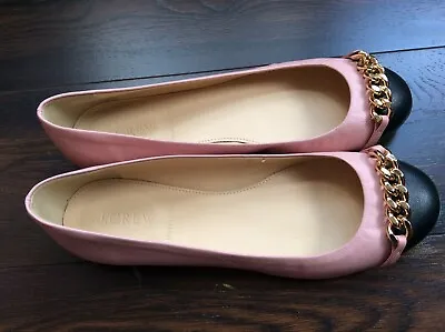 J CREW Nora Leather Cap Toe Ballet Flat With Chain Pink/Black 6 1/2 NWOB Italy • $69.99