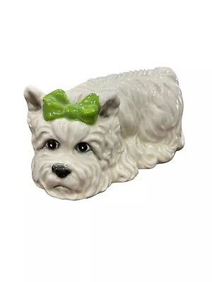 Vintage Omnibus White Ceramic Dog Green Bow Figurine Statue Maltese 5.5” X 6.5” • $29.95