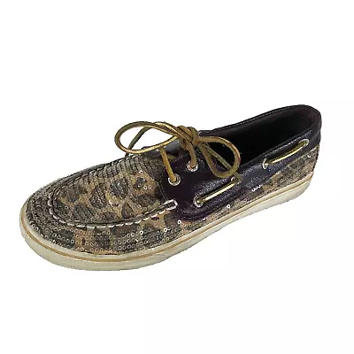 Sperry Topsider Boat Shoes Womens Size 5 Brown Sequined Leopard Print • $19.47