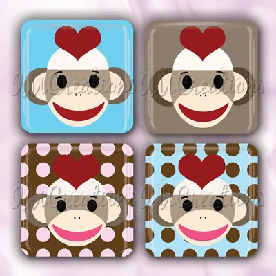 Adorable Sock Monkey Love Red Hearts Set Of 4 Glass Tile Magnets 1  Sq • $10.79