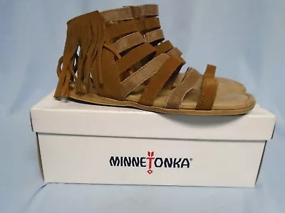 Minnetonka Pisa Fringe Gladiator Zip Up Sandals 71360 BROWN Leather Womans SZ 8 • $18