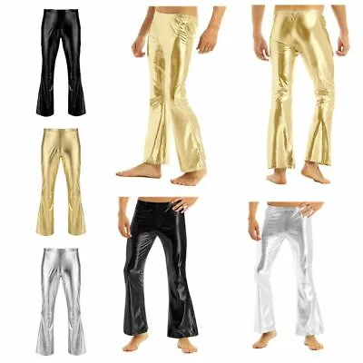 Men's Shiny Metallic 70s Disco Bell Bottoms Long Flared Trousers Wide Leg Pants • £17.56