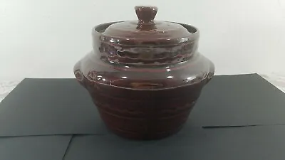 Marcrest Bean Pot Crock + Lid Daisy Dot 2.5 Qt Quart Stoneware 1950's Large VTG • $15.99