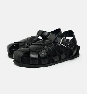 NWT ZARA Woman Leather Fisherman Flat Sandals Black 1546/210 Sizes 7.5 8 • $99.90