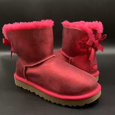 New Ugg Mini Bailey Bow Glisten Boot Radish Metalic Suede Womens Us 7 Eu 38 Uk 5 • $134.96