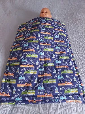 New Boys Small Pram Quilt Trains On Blue Background On Reverse 40 Patch Work FAB • £10