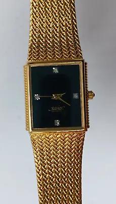 Vintage Xavier W/Diamonds Quartz Gold Plated Retro Black Rectangle Mens Watch • $99.95