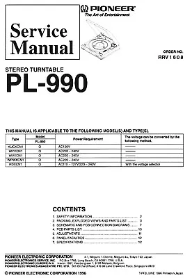 Service Manual Instructions For Pioneer PL-990 • $16.24