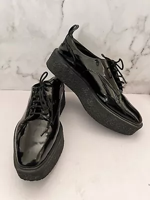 Zara Trafaluc Black Patent Leather Platform Oxford Shoe-Workwear-Style-Lux-Sz 37 • $25