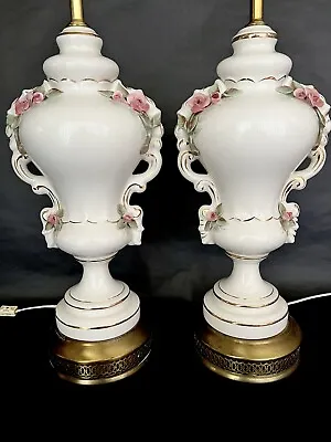 Mid Century PAIR 35” Table Lamps Porcelain Rose/Gold/Brass Base $1200 INS. VALUE • $532