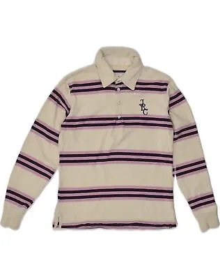 JOULES Womens Long Sleeve Rugby Polo Shirt UK 10 Small Beige Striped IS03 • $14.84