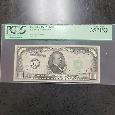 👀💎1934 $1000 Chicago LIGHT GREEN FEDERAL RESERVE Note PCGS 35👀💎PPQ • $6500