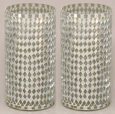 Vase Mosaic Cylinder Glass Silver & Clear Diamond Shaped Chips 4 D 8 High Set/2 • $21