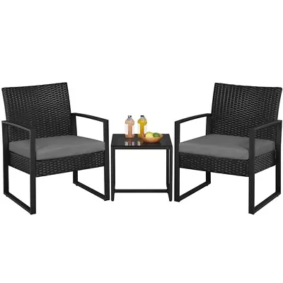 3-Piece Patio Set - Rattan Chairs & Table Set W/ Cushions Balcony/Patio/Bistro • £89.99