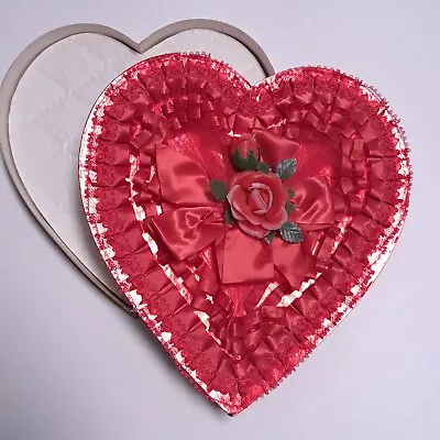 Vintage Whitman's Red 10  Heart Valentine Candy Box Lace Roses Satin Ruffle • $39.94