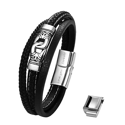 Viking Totem Braided Leather Bracelet Stainless Steel Cuff Wristband Men's Gift • $12.99