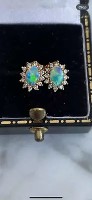 9ct Gold Natural Opal And Diamond Earrings Very Pretty • £225