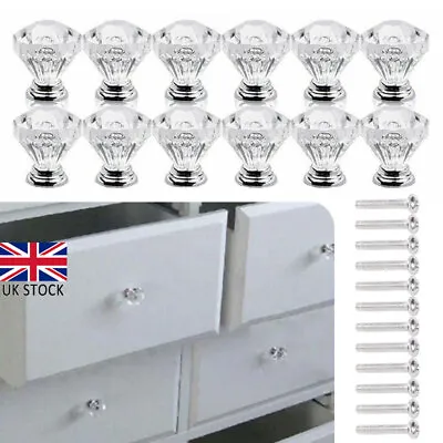 12X Clear Diamond Crystal Glass Door Knobs Drawer For Wardrobe Cabinet Furniture • £7.67