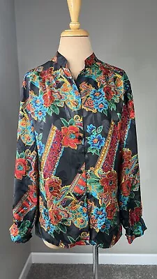 Vintage Paisley Floral Turquoise Red Black Satin Blouse Women's M • $4.99