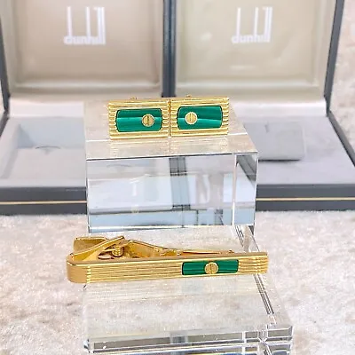 A Set Of Vintage Dunhill Cufflinks & Tie Clip Green Malachite Gold Finish W/Case • $95