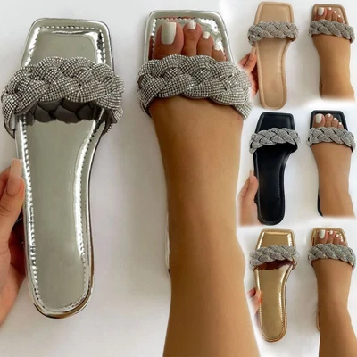 Womens Flat Summer Sandals Diamante Wedding Party Quilted Woven Sliders Open Toe • £11.99