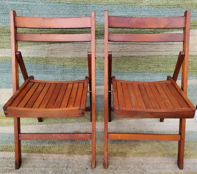 Vintage Wood Folding Chairs Slatted Seat Rustic Mid Century Modern Set Of 2 • $99.98