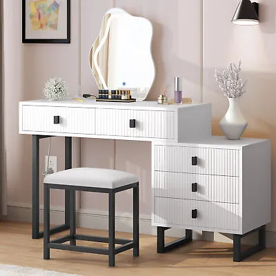 Makeup Vanity Set With Mirror+Stool+Power Station 5 Drawers Dressing Table Desk • $219.37