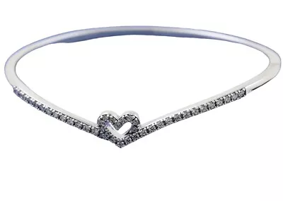 $6.46 • Buy Pandora Sparkling Sterling Silver Zirconia Wishbone Heart Bangle Bracelet 19cm
