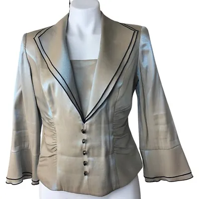 J.R. Nites By Carol Lin Blouse Evening Wear Metallic Beige Buttons Collar 8 • $14.75
