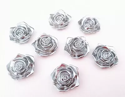 3D Silver Roses Acrylic Flat Back Gems Jewels Decoration Crafts • £3.45