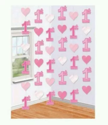 6 X Pink 1st Birthday Party Love Heart Girls Hanging Streamers Room Decorations • $8.96