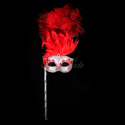 Handheld Stick Venetian Masquerade Mask For Women M6150 - Silver/Red • $15.95