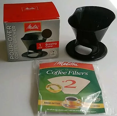 Melitta Pour Over Coffee Brewer Black 1 Cup Drip Cone Uses #2 Filters NIP! • $15.99