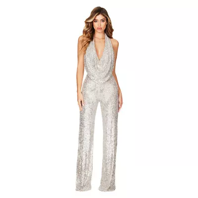 £24.99 • Buy CLEARANCE SALE Silver Sequin Cowl Neck Wide Leg Jumpsuit Party Wedding Guest