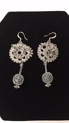 NWOT Steampunk Gear Earrings Dangle Aquamarine Crystal Bead Goth • $12