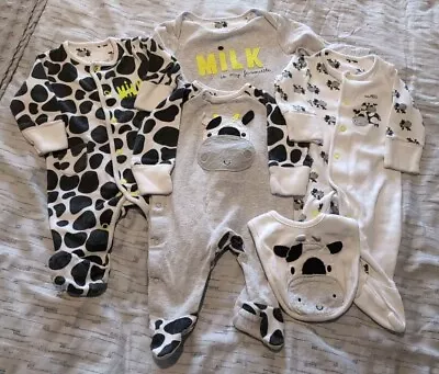 Mothercare Cow Print Sleepsuits And Bib - 0-1 Month • £3