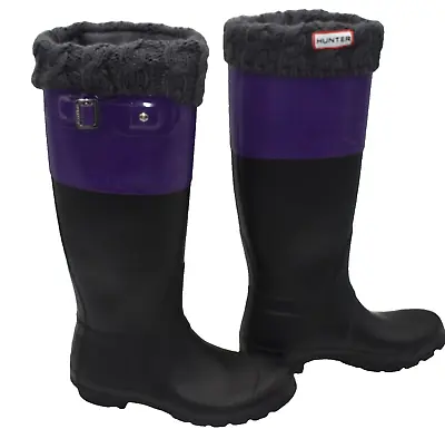 HUNTER ORIGINAL TALL RAIN BOOTS BLACK W/Purple US Women’s 5M / W Gray Liners • $49.95