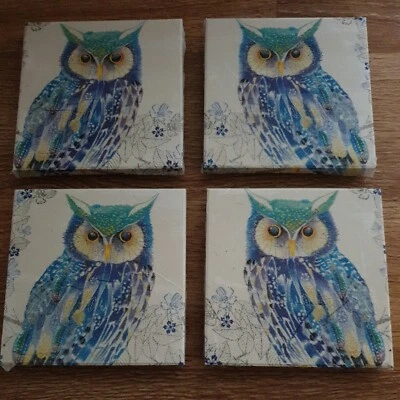 £5 • Buy 💐 Spring Offer - 4 Hand Decoupaged French Winckelmans Coasters - Blue Owls (a)