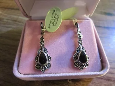 Marcasite 925 Onyx Thailand Earrings 1-1/2  Sterling Silver In Box • $19.99