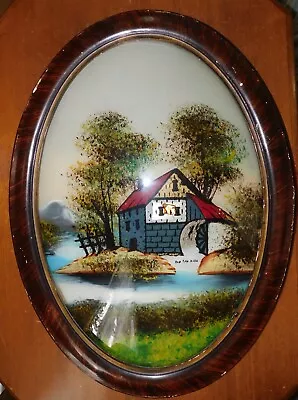 Antique Reverse Painting Old Saw Mill Oval Convex Bubble Glass Tiger Wood Frame • $44.95