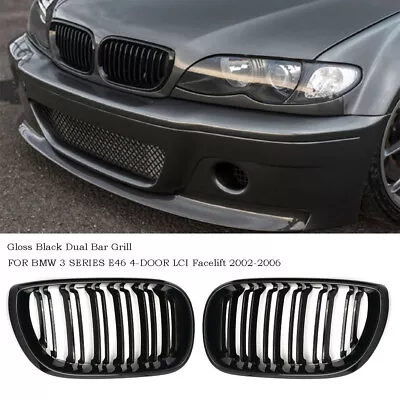 Twin Bar Gloss Black Bumper Kidney Grille For BMW 3 Series E46 4D 02-06 Facelift • $29.62