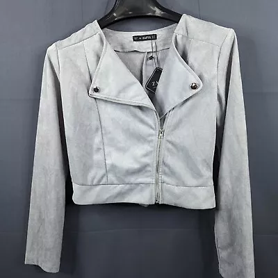 Zaful Womens Blazer Jacket Size 4 Gray Moleskin Moto Zip Cropped Career NEW • £13.47