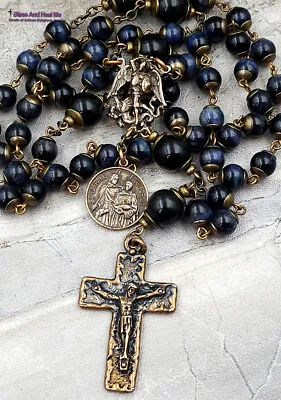 Archangel Michael Raphael Blue Tiger Eye Vintage Bronze Rosary • $159