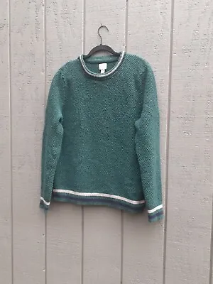 $24 • Buy J Crew Rugged Merino Wool Large Green Donegal Tennis Stripe Sweater Heavy Knit 