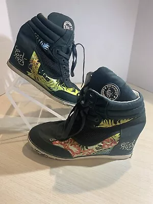 $45 • Buy Ed Hardy Wedge Sneakers Women's 9 Tropical Floral Black Yellow Orange Green