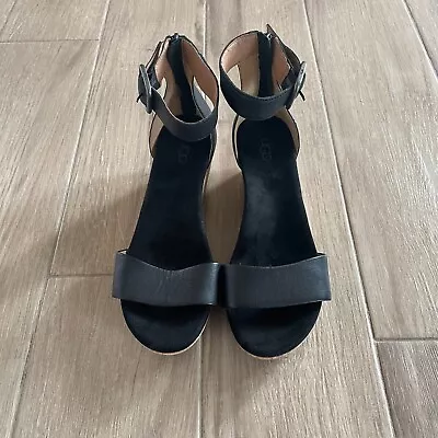 UGG Zoe II Wedge Heel Sandal Women's Size 7.5 Black Leather Cork Ankle Strap • $32