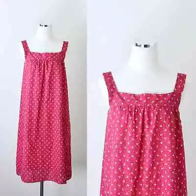 Vintage 1970s Size M Prarie Dress Cotton Mumu Smock Red Floral Print  • $45