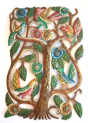 Hand-Painted Haitian Metal Wall Art Tree Of Life Birds Flowers 11x16 Duval • $56.99